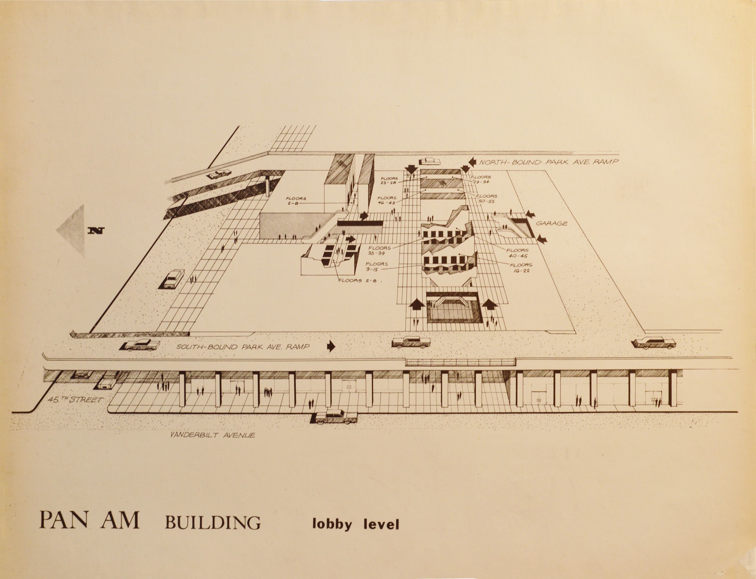 PAN AM BUILDING lobby level, concept c. 1960 (PAHF/ Waldorf-Astoria Collection).