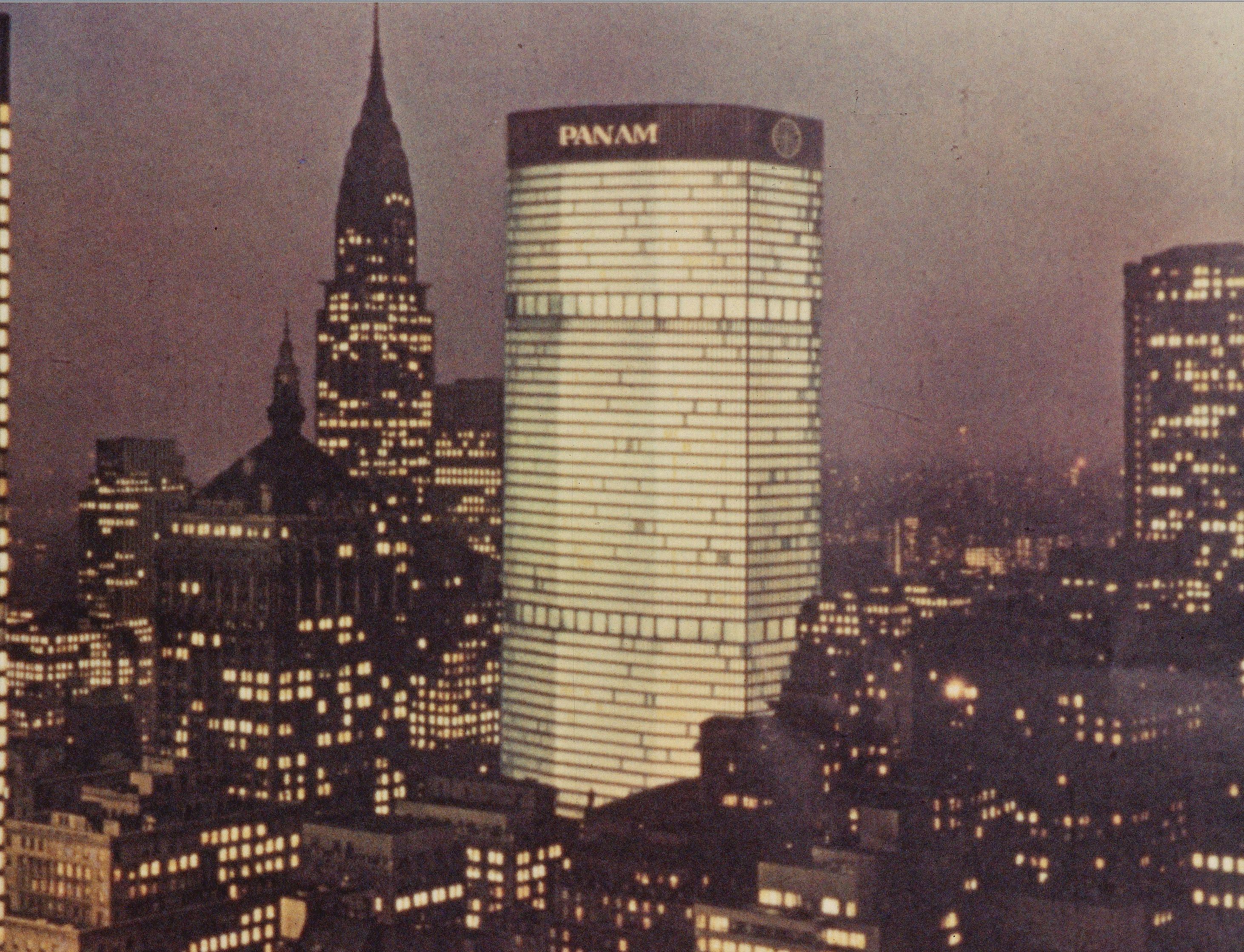 The Pan Am Building at night from "PANAMAC," by Pan American World Airways, 1962 (PAHF Film collection).