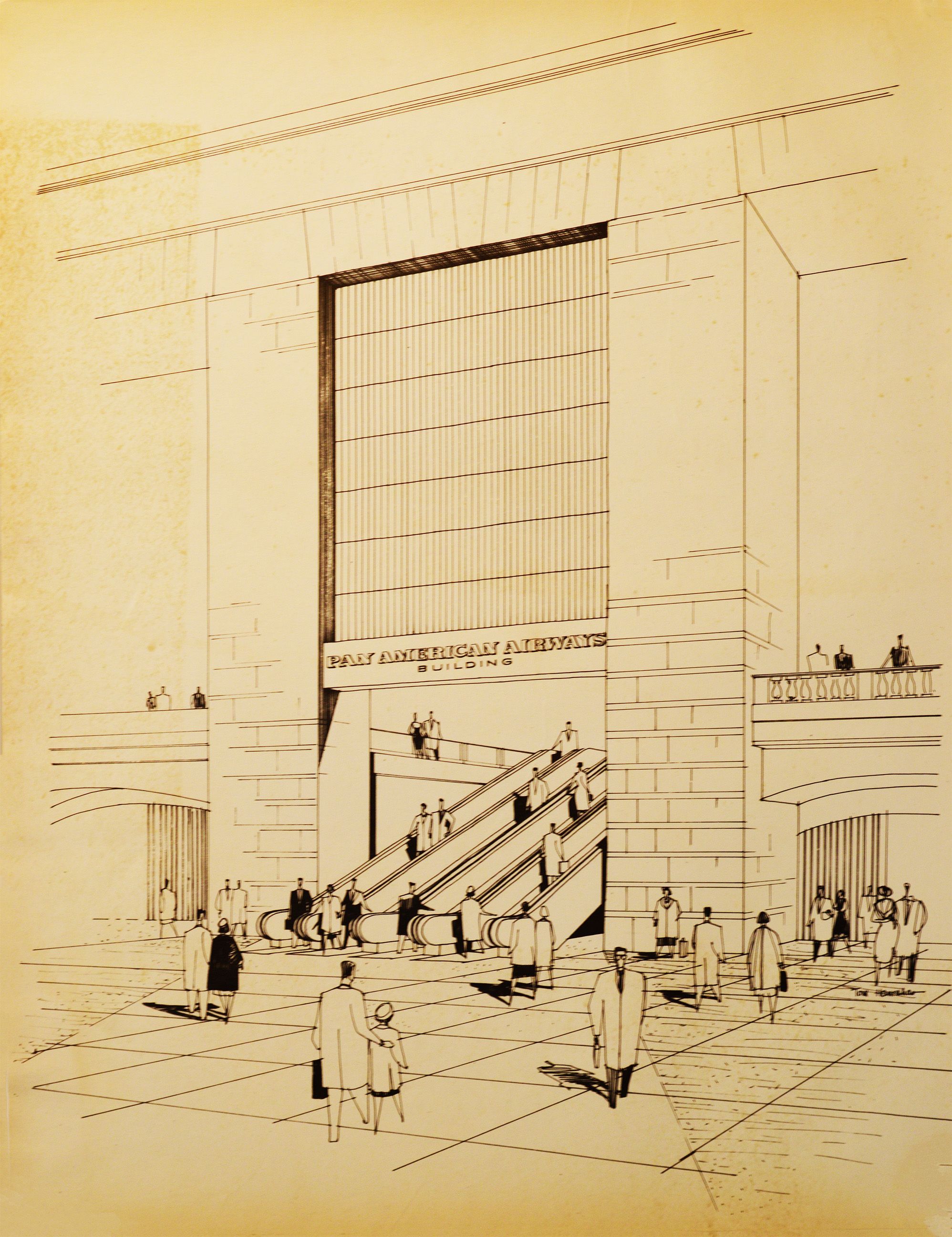 PAN AM BUILDING escalators from Grand Central Terminal, concept c. 1960 (PAHF/Waldorf-Astoria Collection).