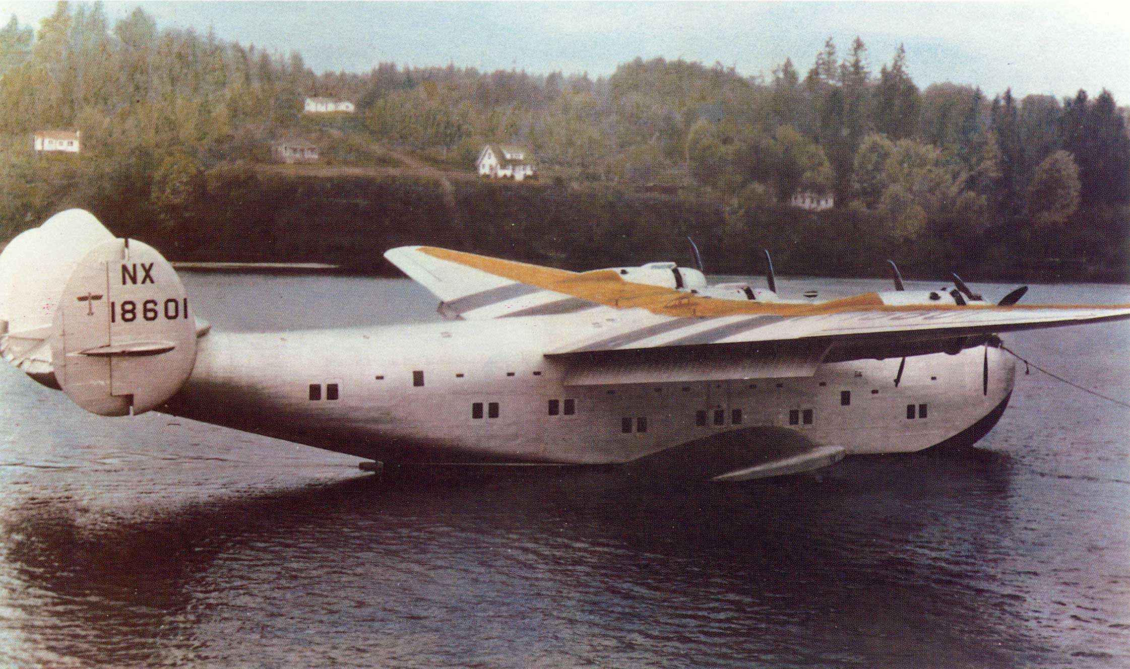 Pan Am Boeing 314 Honolulu Clipper between tests Lake Washington,1930 photo in color