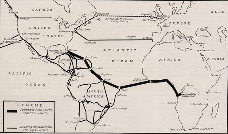 Pan Am Atlantic Routes during WW2, existing and proposed (Courtesy Aeroart International).