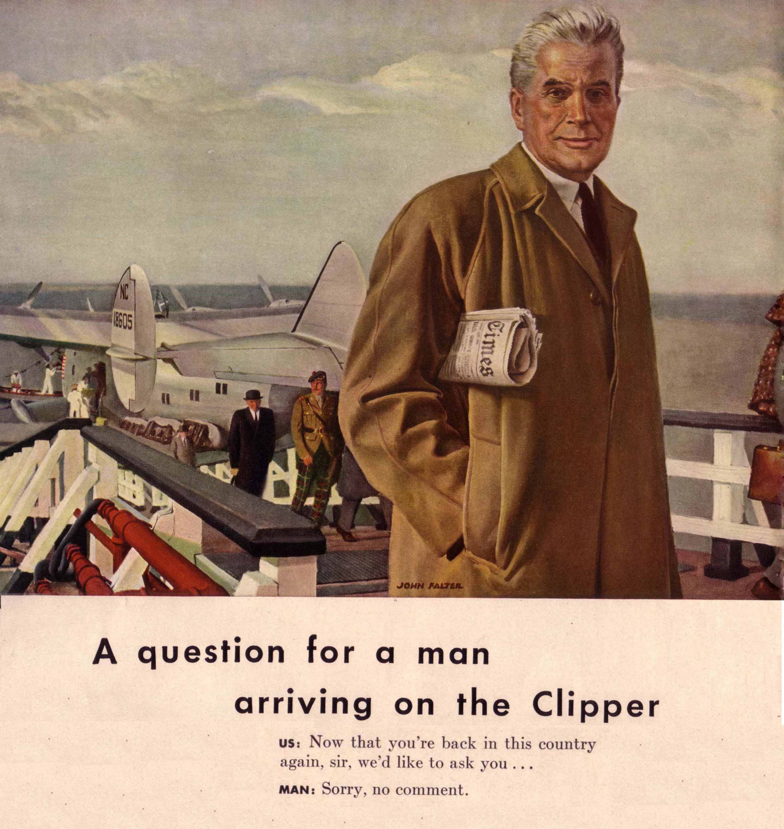 Detail from a Four Roses Whisky Ad showing a traveler arriving on the B-14 Dixie Clipper (John Falter, artist), c. 1940.