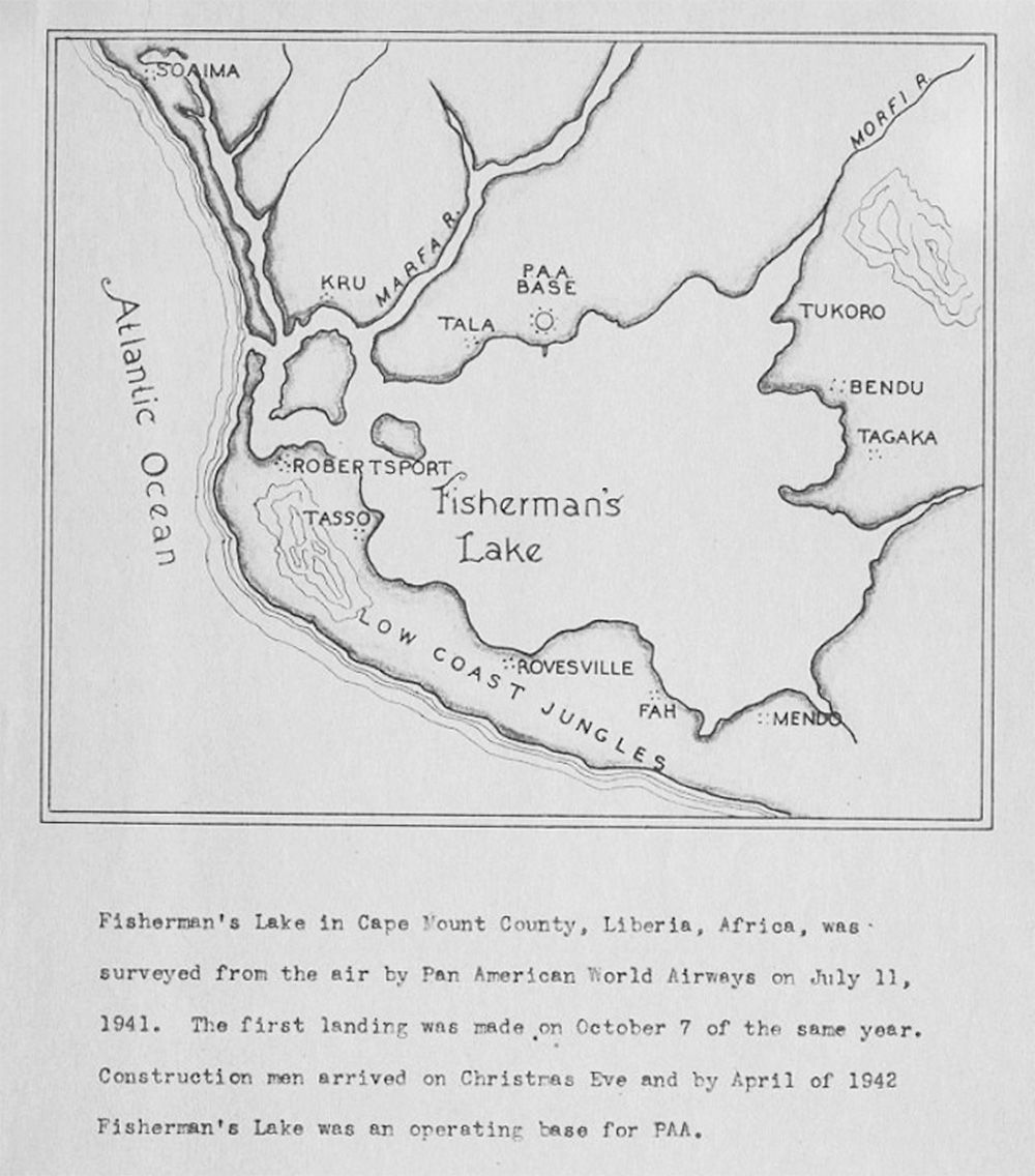 Map of Fisherman's Lake, from the "Handbook for Pan American Employees going to Fisherman's Lake, Liberia (University of Miami Special Collections).